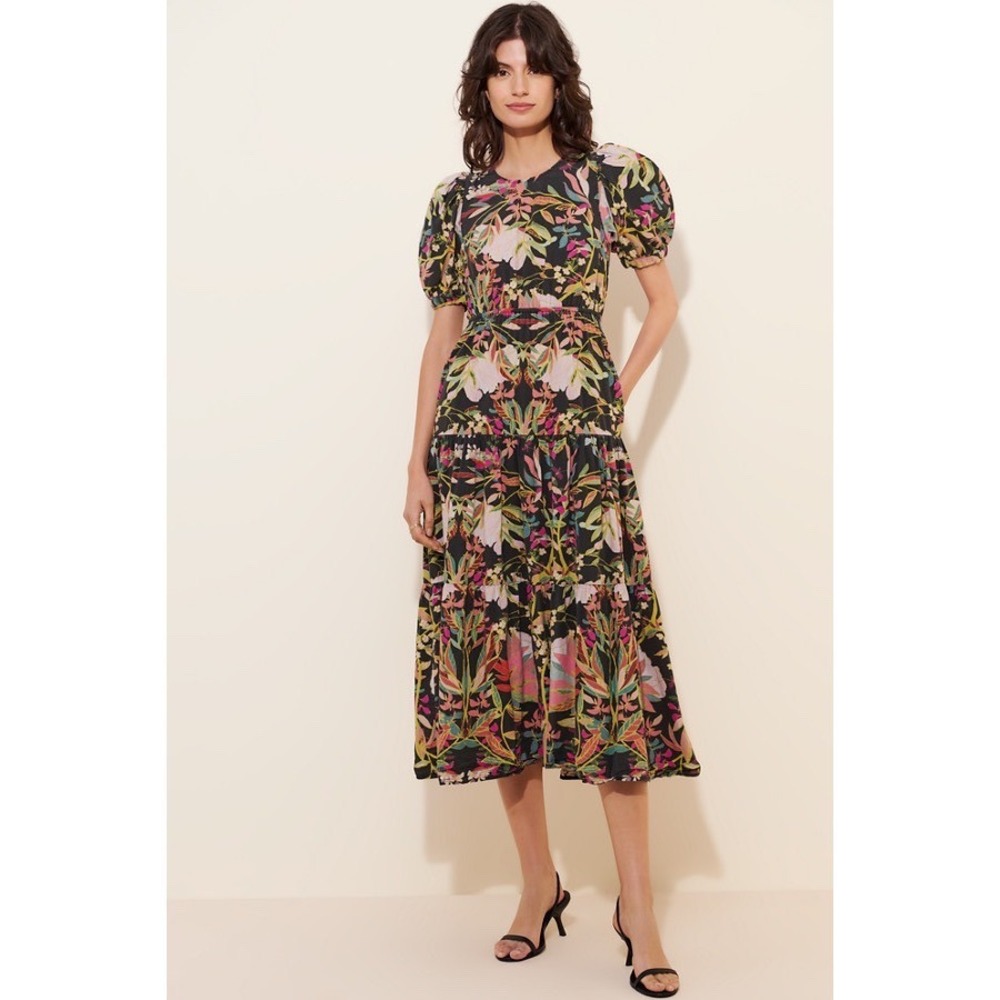Anthropologie XS Conditions Apply Floral Cotton Open Back Tiered Midi Dress Boho